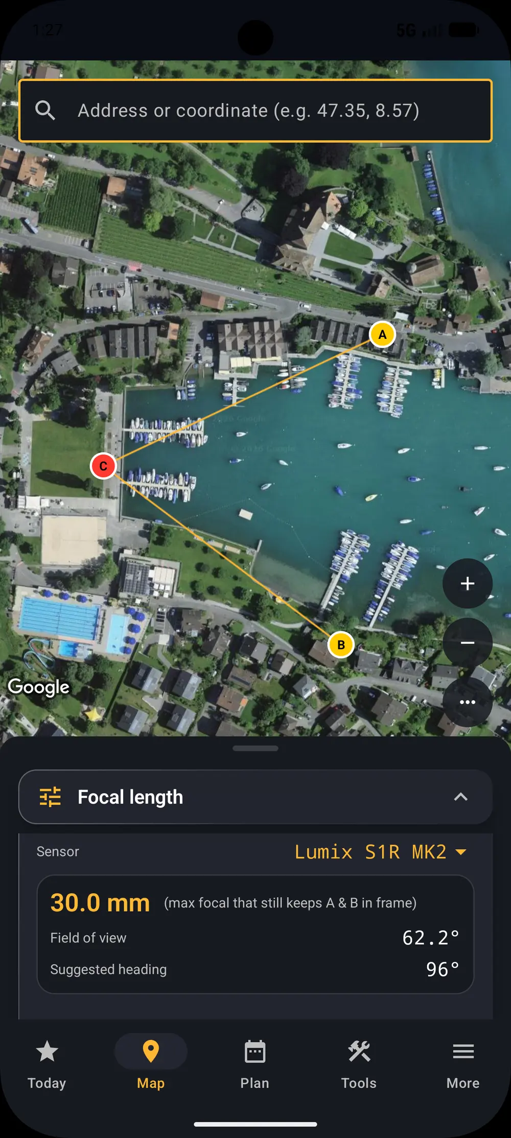 Focal length needed to cover two chosen points