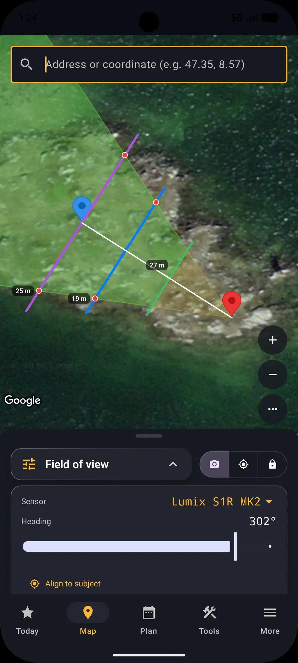 Field of view cone drawn over the scene