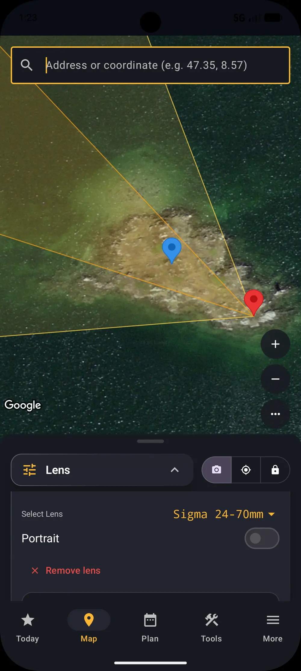 Lens coverage overlay showing minimum and maximum angle