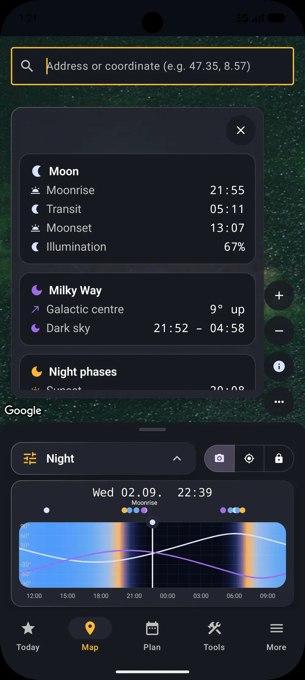 Moon data: rise, transit, set and illumination