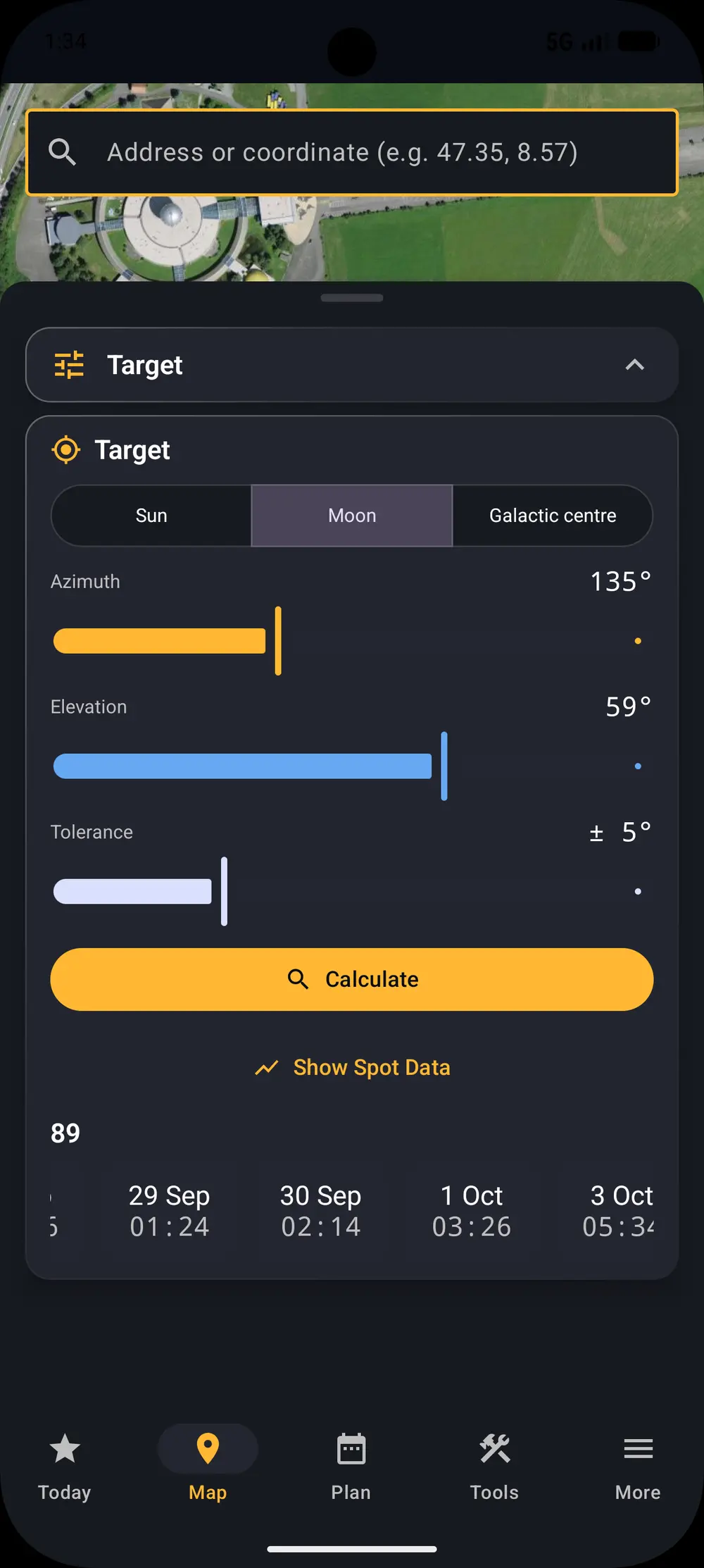 List of dates and times matching the target geometry