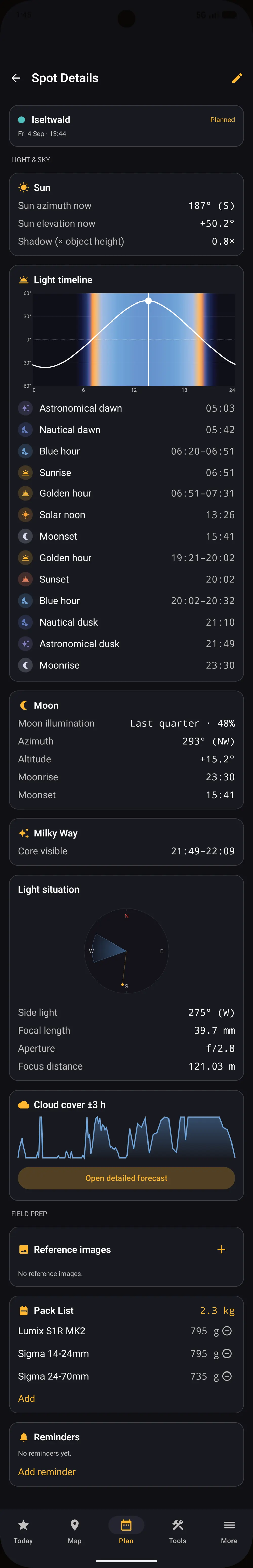 Spot detail from notes and sky track through weather, pack list and reminders