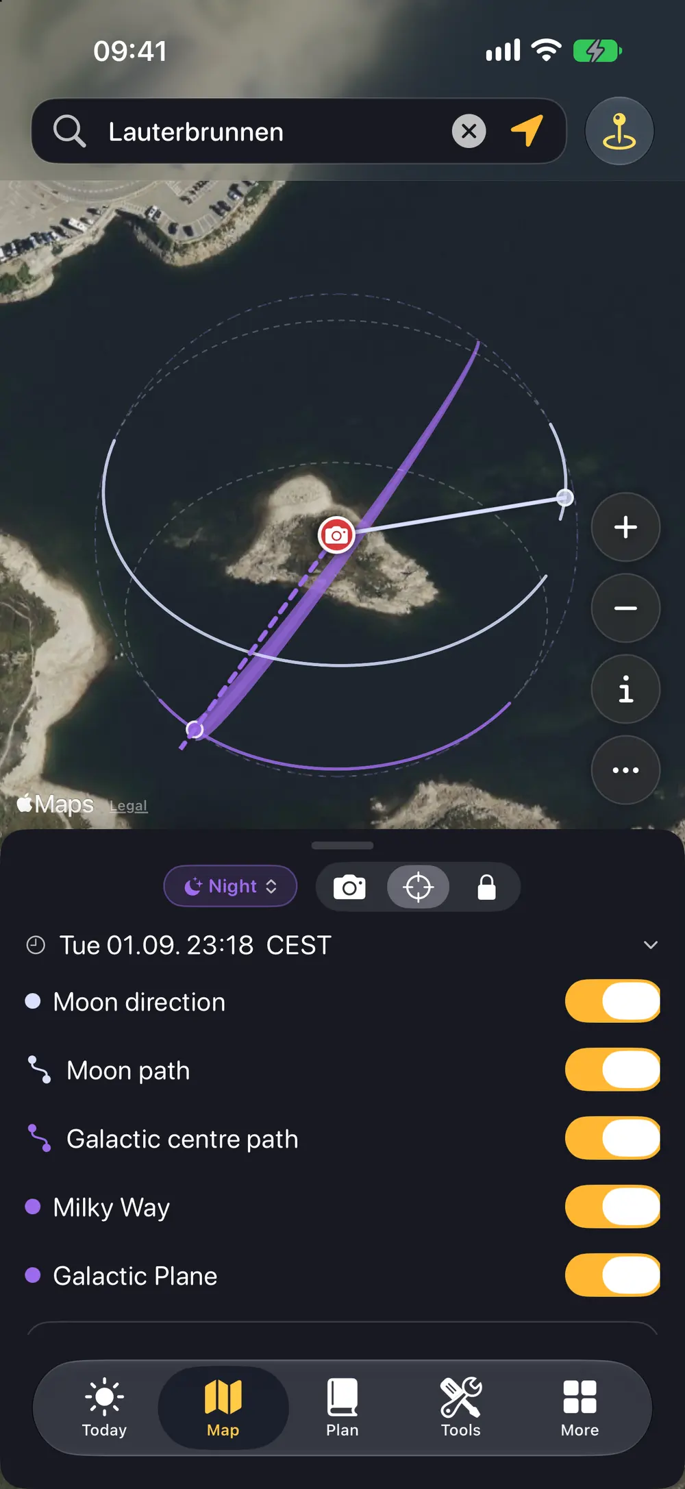 Night mode with the galactic plane projected over the map